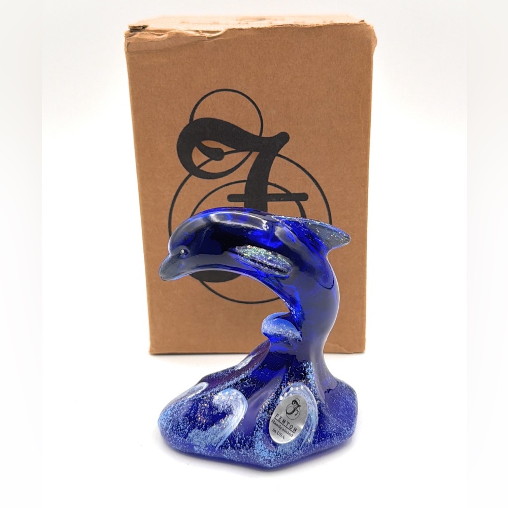 Fenton Art Glass Figurine Cobalt Blue Dolphin On Wave 4" Signed Hand Painted-Box